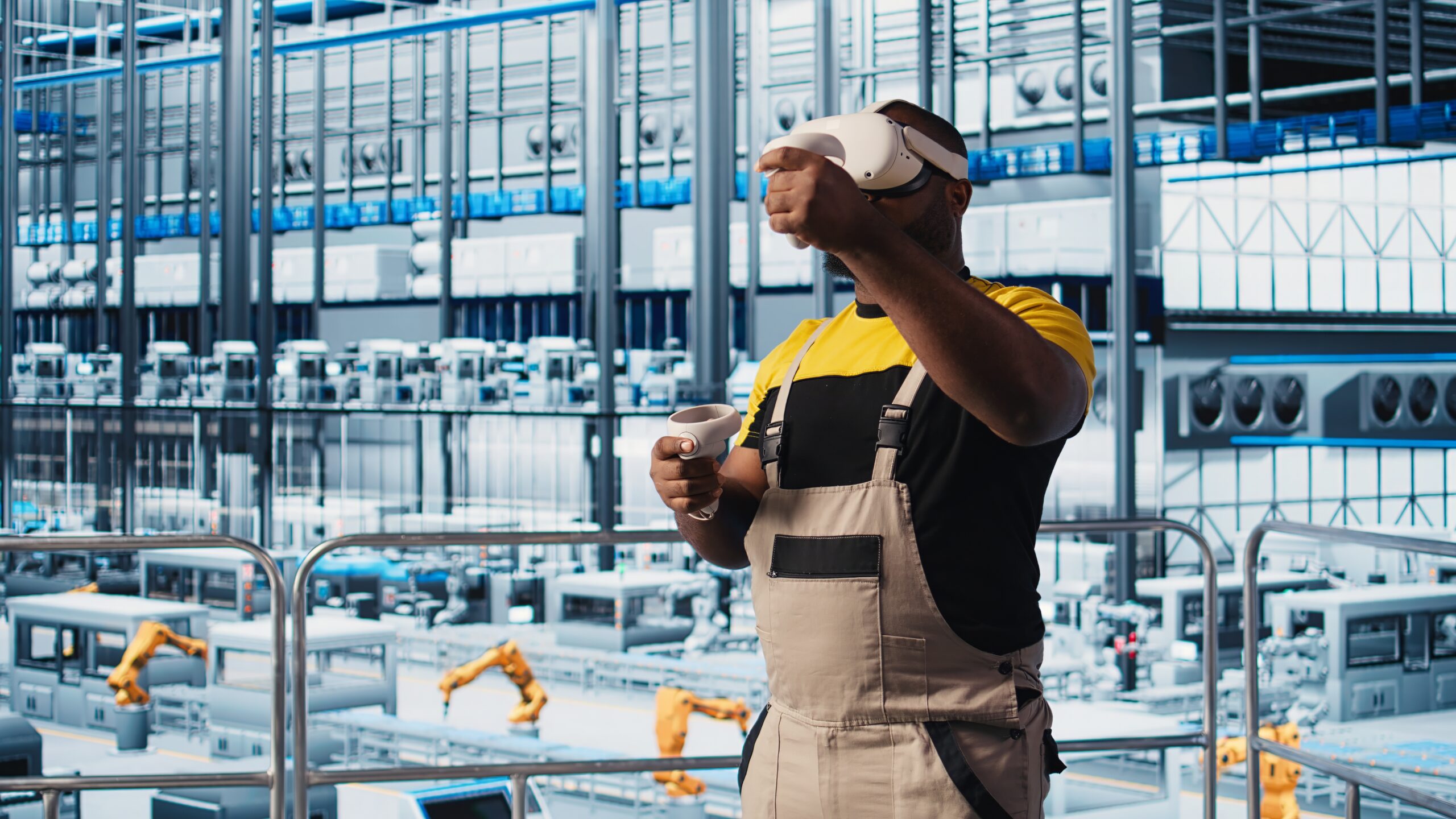 Smart factory expert using VR headset to test automated systems and ensure reliability. Worker virtual reality tech to identify bottlenecks and optimize gear based on sensors data, camera A